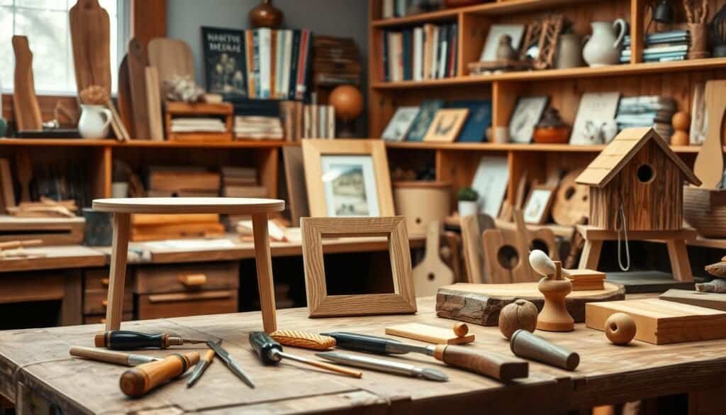 A cozy workshop filled with an array of handcrafted wooden pieces, including a sleek minimalist side table, a rustic farmhouse-style picture frame, and a whimsical birdhouse. Soft, warm lighting illuminates the textured surfaces and natural grain of the wood, creating an inviting atmosphere. In the foreground, a collection of small tools and chisels rest on a workbench, hinting at the care and skill required for these delightful DIY projects. The middle ground showcases the finished products, each showcasing the maker's unique artistic vision. The background features a backdrop of wooden shelves displaying an assortment of inspirational books and decorative accents, suggesting the boundless creativity and potential for these small woodworking projects to become thriving small business endeavors.