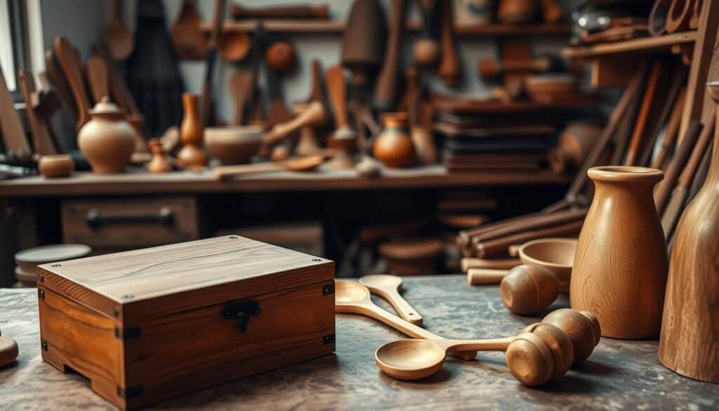 A cozy workshop filled with an array of small woodworking projects, each crafted with care and attention to detail. In the foreground, a rustic wooden box, its smooth surface adorned with a subtle pattern, invites the viewer to imagine its potential uses. Nearby, a delicate wooden vase, its simple form complemented by natural grain, stands elegantly. Scattered across the workbench, an assortment of handmade wooden utensils, their warm tones and organic shapes reflecting the skilled hands that created them. Soft, diffused lighting illuminates the scene, casting gentle shadows that accentuate the textures and contours of the wooden pieces. The overall atmosphere conveys a sense of tranquility and the joy of creating practical, everyday items with one's own hands.