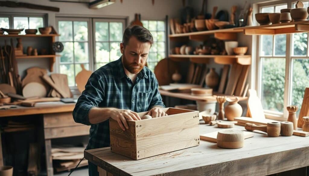 A cozy workshop filled with natural light, a workbench adorned with an array of handcrafted wooden tools and projects. In the foreground, a skilled artisan's hands carefully shaping and sanding a wooden planter box, their face expressing a serene focus. Surrounding them, shelves displaying an assortment of finished woodwork pieces, each with its own unique grain and texture. The atmosphere exudes a sense of calm, the rhythmic sound of sanding and the pleasant aroma of freshly cut wood creating a meditative environment. A large window in the background offers a glimpse of a lush, verdant garden, reinforcing the connection between nature, craftsmanship, and the therapeutic benefits of DIY woodworking.