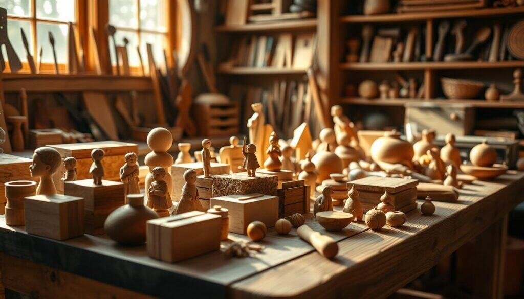A cozy workshop filled with the warm glow of natural light, showcasing a collection of small, intricate wood projects. Delicate handcarved figurines, smooth-sanded wooden boxes, and whittled trinkets sit atop a sturdy workbench. The grain of the wood shines, accentuated by soft shadows and highlights. In the background, shelves display an array of woodworking tools, their shapes and textures hinting at the care and skill required to bring these little creations to life. The overall scene exudes a sense of calm, inviting the viewer to imagine the peaceful process of crafting these charming, one-of-a-kind pieces.