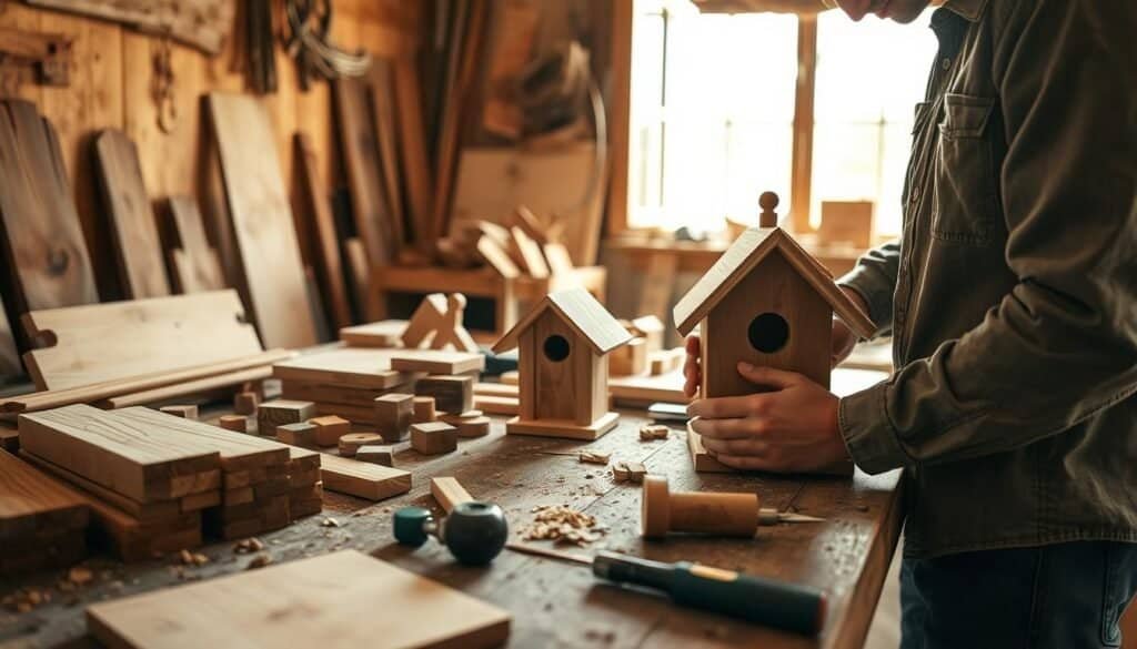 A cozy workshop scene featuring a rustic wooden table, cluttered with various DIY wood project materials like raw timber, woodworking tools, and tactile substances like sandpaper and paint. In the foreground, an individual, dressed in modest casual clothing, is focused on assembling a small wooden birdhouse, their hands delicately working with precision. The middle-ground displays partially finished wood projects, adding depth to the image. In the background, warm sunlight filters through an open window, casting soft shadows and highlighting the grains of the wood, creating a relaxing and inviting atmosphere. The overall mood is one of tranquility and concentration, emphasizing the therapeutic benefits of woodworking as an anxiety relief activity.