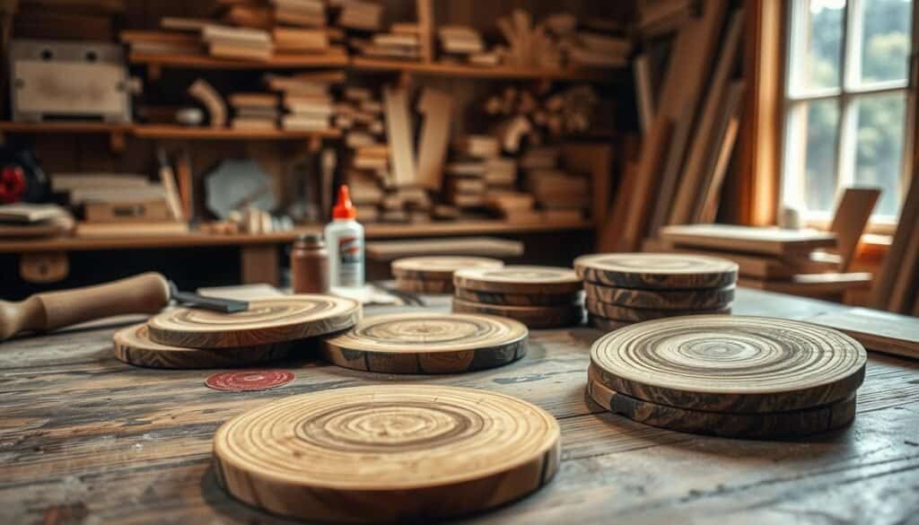 A cozy workshop scene featuring a set of beautifully crafted wooden coasters arranged artfully on a rustic workbench. In the foreground, highlight the rich textures of freshly sanded wood with visible grain patterns, some coasters showcasing unique circle designs. The middle layer depicts an array of woodworking tools such as a chisel, a wood glue bottle, and a small set of sandpaper, creating an inviting atmosphere for DIY enthusiasts. In the background, soft natural light filters through a window, casting gentle shadows and illuminating warm wooden shelves lined with various wood types and craft supplies. The overall mood is serene and inspiring, perfect for showcasing simple, creative wood projects.