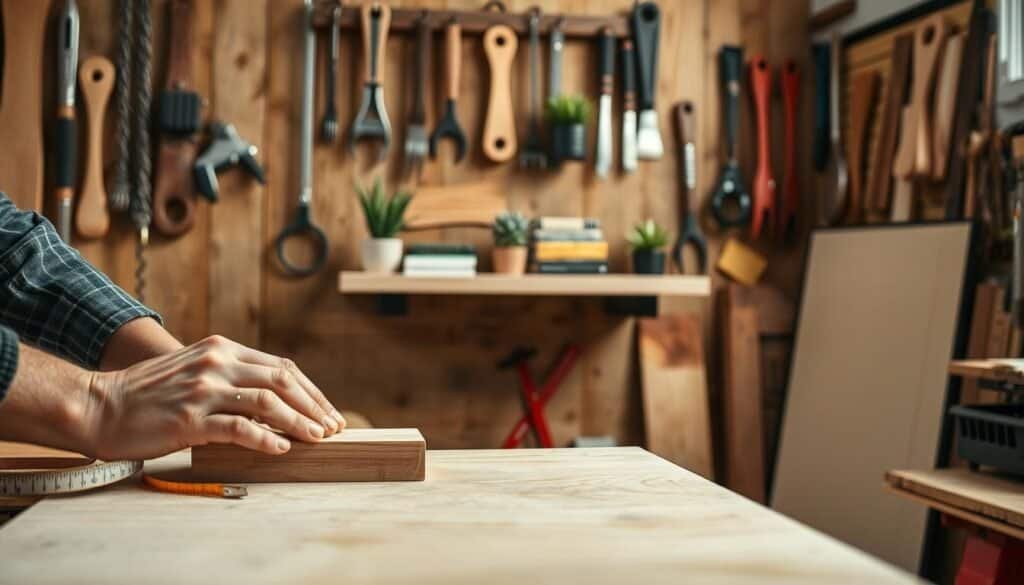 A cozy workshop scene showcasing a small floating shelf under construction. In the foreground, a close-up of hands skillfully sanding a piece of smooth, natural wood. Tools like a manual saw and measuring tape are neatly arranged beside a half-finished shelf. The middle ground features the almost-completed shelf mounted on a rustic wall, displaying decorative plants and small books for a touch of warmth. The background consists of well-organized woodworking tools hanging on the wall, complemented by soft, ambient lighting filtering through a window, illuminating wood grains. A serene atmosphere reflects creativity and productivity. The shot is captured from a slightly elevated angle to add depth, emphasizing both the craftsmanship and the inviting workspace.