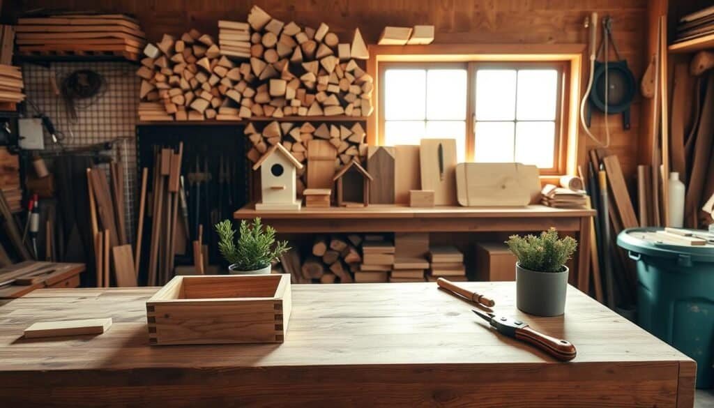 A cozy workshop setting filled with tools and materials for beginner woodworking projects. In the foreground, a well-worn wooden workbench topped with an unfinished wooden box, a set of hand tools, and a small potted plant for a touch of greenery. The middle section features various simple woodworking projects like a birdhouse and a cutting board, showcasing the potential for quick completion. In the background, shelves lined with neatly organized wood pieces bathed in warm, natural light streaming through a window, creating a welcoming atmosphere. The image captures a sense of achievement and tranquility, emphasizing the joy of creating with one’s hands in a serene environment.