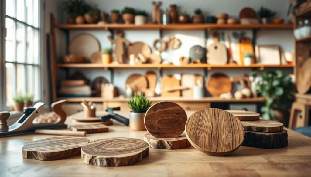 A cozy workspace filled with natural light, showcasing a table adorned with various DIY wooden coasters in different shapes and finishes. In the foreground, highlight a few elegantly crafted wooden coasters made from different types of wood, displaying unique grain patterns. The middle ground features tools like a wood planer, sandpaper, and a small potted plant, creating an inviting atmosphere. In the background, warm wooden shelves filled with more completed rustic home décor projects and woodcraft supplies can be seen. The setting should have soft, diffused lighting to enhance the warmth and creativity of the scene, evoking a sense of relaxation and inspiration for hobbyists.