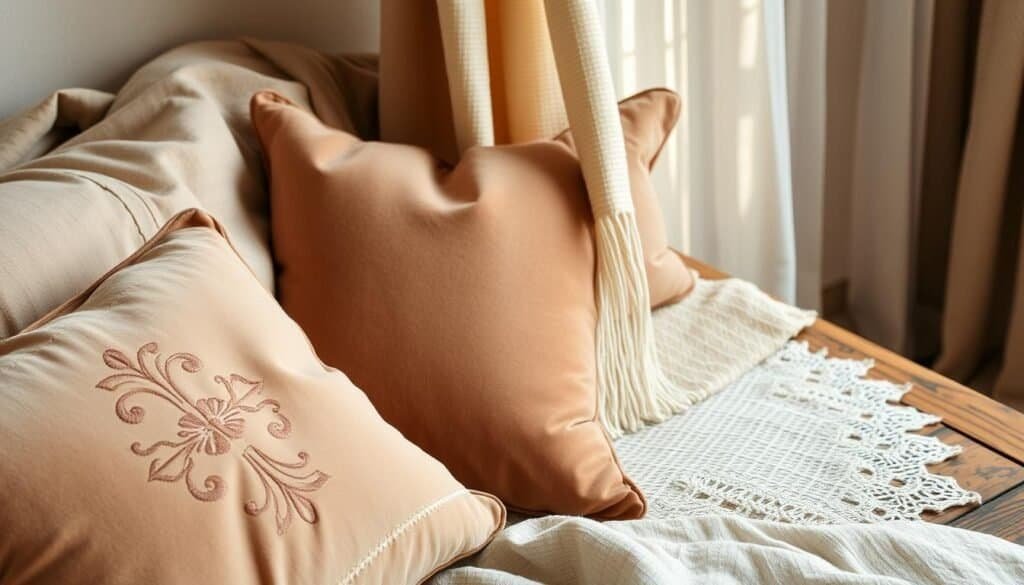 A cozy yet refined textile arrangement showcasing an array of luxurious fabrics and patterns. In the foreground, a plush velvet cushion with an intricate embroidered design takes center stage. Behind it, a soft woven throw with a subtle herringbone texture adds depth and dimension. In the middle ground, a delicate lace runner cascades gracefully over the edge of a rustic wooden table, its intricate detailing catching the warm, diffused light. In the background, sheer curtains in a muted palette gently billow, lending an air of tranquility to the scene. The overall mood is one of refined elegance and thoughtful, layered styling, perfect for inspiring cozy, inviting room decor. A cozy yet refined textile arrangement showcasing an array of luxurious fabrics and patterns. In the foreground, a plush velvet cushion with an intricate embroidered design takes center stage. Behind it, a soft woven throw with a subtle herringbone texture adds depth and dimension. In the middle ground, a delicate lace runner cascades gracefully over the edge of a rustic wooden table, its intricate detailing catching the warm, diffused light. In the background, sheer curtains in a muted palette gently billow, lending an air of tranquility to the scene. The overall mood is one of refined elegance and thoughtful, layered styling, perfect for inspiring cozy, inviting room decor.
