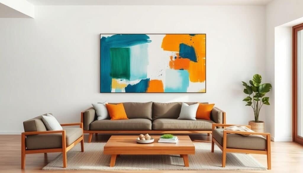 A customized abstract wall art piece with bold, vibrant brush strokes in a variety of colors, including shades of blue, green, and orange. The artwork is displayed in a minimalist, modern living room setting, with clean white walls and wooden furniture creating a warm, inviting atmosphere. The lighting is soft and diffused, highlighting the textural quality of the painting. The composition is balanced, with the artwork occupying a prominent position, drawing the viewer's eye and reflecting the homeowner's personality and style.