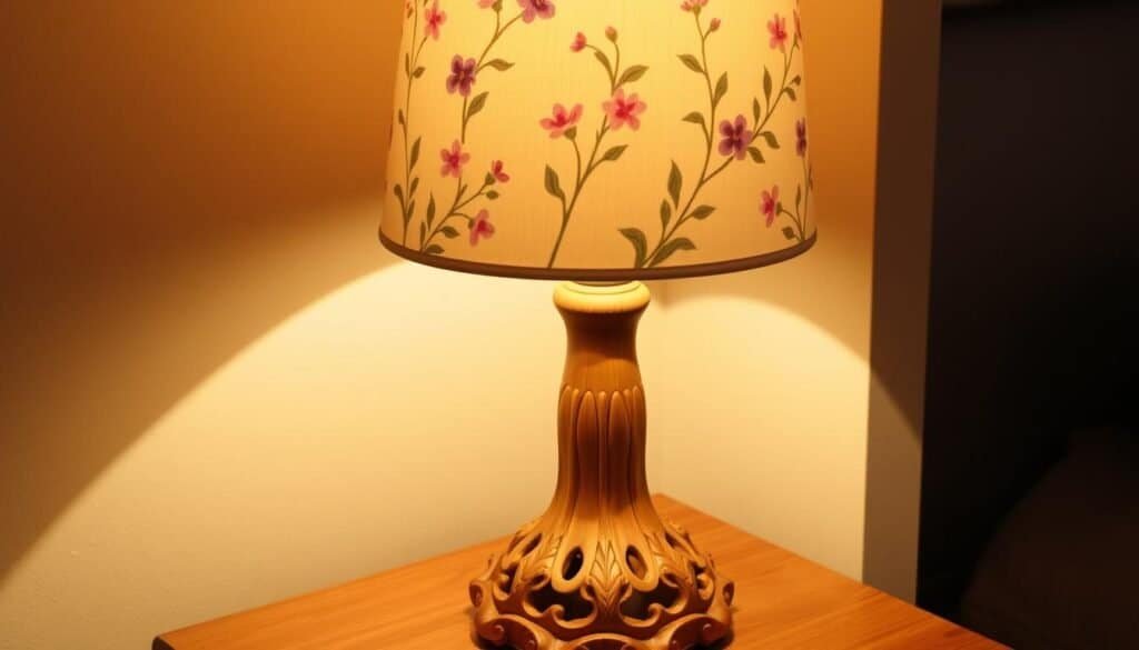 A decorative table lamp with a delicate floral design, casting a warm, ambient glow. The lamp's base is made of intricate, carved wood, with a smooth, natural finish. The lamp shade is a soft, cream-colored fabric, featuring a hand-painted pattern of delicate flowers and leaves in shades of pink, purple, and green. The lighting creates a cozy, inviting atmosphere, perfectly complementing the lamp's elegant, rustic design. The lamp is positioned on a wooden side table, creating a charming and visually appealing focal point in the room.