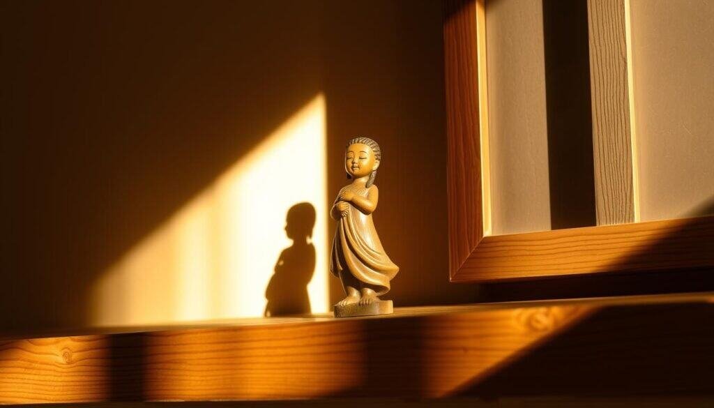 A delicate, hand-carved wooden figure stands proudly on a rustic, wooden shelf, bathed in warm, natural lighting that casts soft shadows. The intricate details of the carving, such as the flowing lines and expressive features, reflect the personality and creativity of the artisan. The piece is complemented by a simple, yet elegant, wooden frame that enhances the natural beauty of the material. The overall scene emanates a sense of tranquility and charm, inviting the viewer to pause and appreciate the beauty of this handcrafted, decorative work.