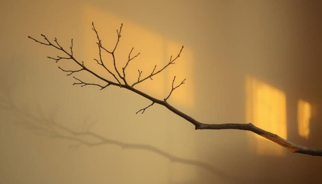 A delicate tree branch bathed in warm, soft lighting, casting intricate shadows across a cozy, inviting space. The branch's elegant silhouette stands out against a muted, neutral background, creating a serene and harmonious atmosphere. The lighting is subtle yet impactful, gently illuminating the natural textures and details of the wood, evoking a sense of calm and tranquility. The overall composition is balanced and visually appealing, highlighting the transformative power of simple lighting elements in a home setting.