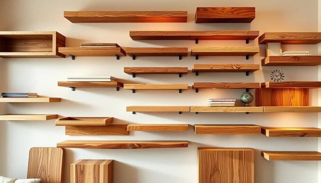 A detailed arrangement of various floating wood ledge designs, showcasing their versatility and space-saving potential. The scene depicts an array of wooden shelves and ledges in different shapes, sizes, and finishes, seamlessly integrated into a modern, minimalist interior. Warm, natural lighting illuminates the intricate textures and grains of the wood, creating a cozy and inviting atmosphere. The image captures the practical and aesthetic benefits of these space-saving solutions, suitable for a range of room needs, from bedrooms to home offices.