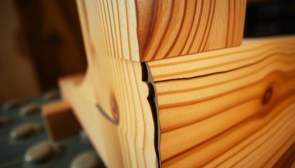 A detailed close-up of woodworking joinery, showcasing the intricate interlocking patterns and grain textures of The Sawdust Man's expertly crafted pieces. Warm studio lighting accentuates the rich, oiled surface and crisp edges of the mortise and tenon joint, revealing the natural beauty and strength of the solid hardwood. Captured at a low angle with a shallow depth of field, the viewer is drawn into the precision and artistry of this timeless joinery technique.