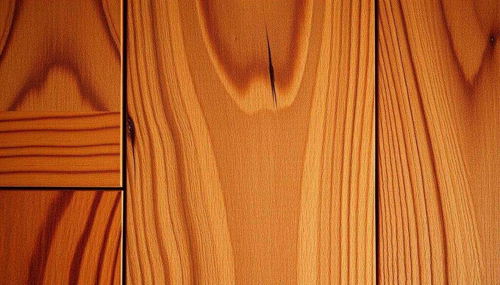 A detailed close-up shot of various wood grain textures, showcasing the natural beauty and intricate patterns of different types of wood. The image should capture the warmth, depth, and tactile quality of the wood, inviting the viewer to reach out and touch the surface. Warm, directional lighting should accentuate the grain, knots, and subtle variations in the wood, creating a calming, meditative atmosphere. The composition should be well-balanced, with the wood grain filling the frame and occupying the majority of the image, creating a sense of tranquility and focus.