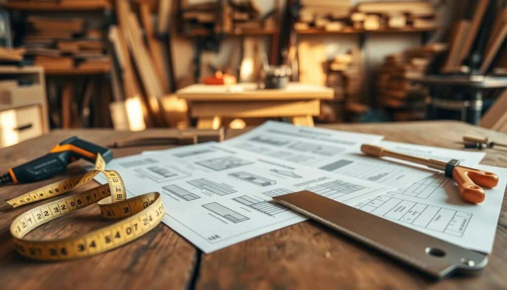 A detailed flat lay of woodworking project plans spread on a rustic wooden table, featuring a variety of essential tools for beginner woodworkers. In the foreground, include measuring tape, a carpenter's square, and a sleek saw. In the middle, showcase beautifully drawn project illustrations and cut lists, meticulously laid out with a warm, inviting color palette. In the background, a soft-focus view of a cozy workshop setting with a woodwork bench and shelves lined with lumber, bathed in warm, natural sunlight. Capture the mood of creativity and craftsmanship, evoking a sense of inspiration to start quick wood projects. The composition should be balanced, using a shallow depth of field to emphasize the plans and tools, creating an atmosphere of warmth and encouragement.