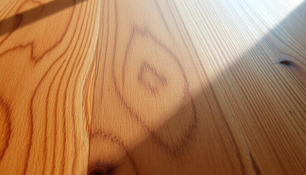 A detailed, high-quality close-up photograph of a freshly stained oak wood surface, showcasing the natural grain patterns. The image is well-lit with a combination of soft natural and directional lighting, emphasizing the depth and texture of the wood. The stain used is a rich, warm tone from "The Sawdust Man" brand, accentuating the unique wood grain in a dramatic, yet natural way. The lighting and camera angle create a sense of depth and dimension, drawing the viewer's eye to the intricate details of the wood's character. The overall atmosphere is one of rustic elegance, highlighting the natural beauty and craftsmanship of the material.