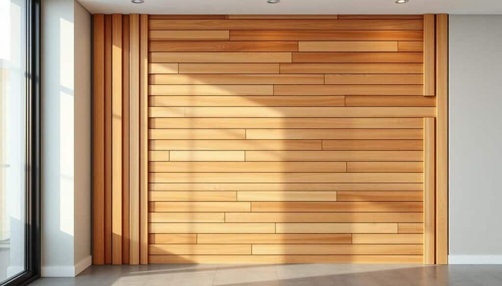 A detailed, high-quality image of a modern, minimalist wood slat wall design featuring a harmonious arrangement of natural wood slats in varying shades of warm brown, arranged in a clean, linear pattern, with a balanced, geometric composition. Soft, diffused lighting from a large window casts a gentle glow, highlighting the wood's natural texture and grain. The wall is the focal point, set against a neutral, monochromatic background that allows the wood to take center stage. The overall atmosphere conveys a sense of warmth, serenity, and sophisticated style, perfectly complementing a contemporary entryway or living space.