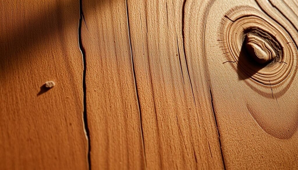 A detailed, high-resolution close-up of an intricate wood texture, showcasing the natural grain, knots, and subtle variations in tone and color. The lighting is soft and natural, casting gentle shadows that highlight the depth and dimension of the wood. The focus is sharp, capturing every minute detail, from the tiny cracks and imperfections to the subtle sheen of the surface. The composition places the wood texture prominently in the frame, allowing the viewer to fully immerse themselves in the tactile and visual qualities of the material. The overall mood is one of warmth, depth, and an appreciation for the inherent beauty of natural woodworking.