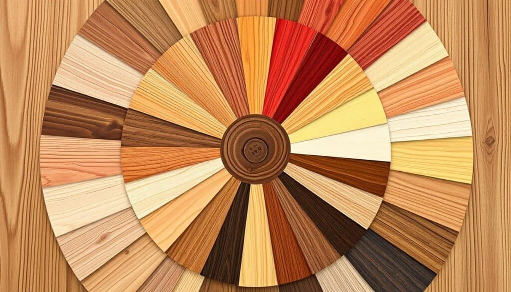 A detailed, high-resolution wood color wheel with various shades and tones of natural wood, shot in soft, natural lighting. The wheel showcases a full spectrum of warm and cool wood hues, from deep mahogany to light ash, with smooth gradients between each segment. The wooden texture is highly realistic, with visible grains, knots, and subtle imperfections. The composition places the color wheel prominently in the center, with a clean, uncluttered background that allows the wood tones to be the sole focus. The overall mood is one of calm, natural serenity, reflecting the peaceful, grounding qualities of natural wood.