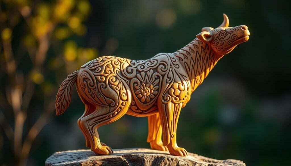 A detailed, highly realistic wooden animal figure, carved with intricate patterns and textures. The figure is posed in a natural, lifelike stance, capturing the essence of the animal with exceptional detail. Warm, golden lighting illuminates the piece, casting subtle shadows that accentuate the depth and dimension of the carving. The background is a softly blurred, natural setting, allowing the wooden artwork to be the focal point. The image conveys a sense of craftsmanship, creativity, and the joy of hands-on, tactile engagement with natural materials.