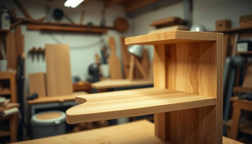 A detailed, intricately crafted woodworking design, featuring a minimalist yet elegant shelf for a tiny kitchen. Warm natural wood tones in the foreground, with a mid-ground showcasing the clean lines and precise joinery of the shelf's construction. The background features a softly lit, atmospheric workshop setting, with tools and materials subtly visible, conveying a sense of skilled craftsmanship. Captured through a medium-wide lens, the image emphasizes the proportions and proportions of the shelf, with careful attention to lighting and depth of field to highlight the tactile, handmade quality of the design.