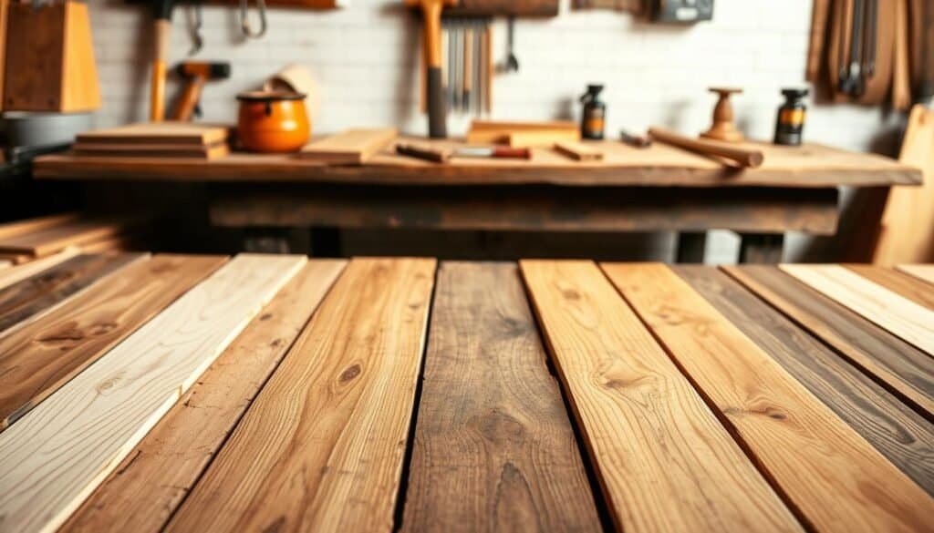 A detailed still life showcasing various wood and paint color combinations. In the foreground, an assortment of wooden planks, sanded and smoothed, displaying a variety of natural tones and grains. Midground features a selection of paint samples, ranging from earthy neutrals to bold accent colors. In the background, The Sawdust Man's workshop tools and accessories - hammers, chisels, and a vintage workbench. Warm, diffused lighting casts a soft glow, highlighting the textures and hues. Composition emphasizes the harmony and contrast between the natural wood and the painted finishes, inspiring ideas for complementary elements to enhance mixed woods in a room.