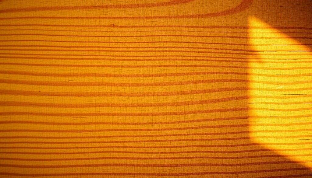 A detailed, weathered natural wood grain texture filling the frame, captured in high-resolution close-up. Warm, golden hues with subtle variations and imperfections that add character, as if carefully hand-crafted. Soft, diffused lighting from the side gently accentuates the intricate patterns and graininess of the wood, creating a cozy, inviting atmosphere. The textural depth and tactile quality of the material are palpable, evoking a sense of rustic sophistication and organic elegance, perfectly suited for a modern interior design accent.