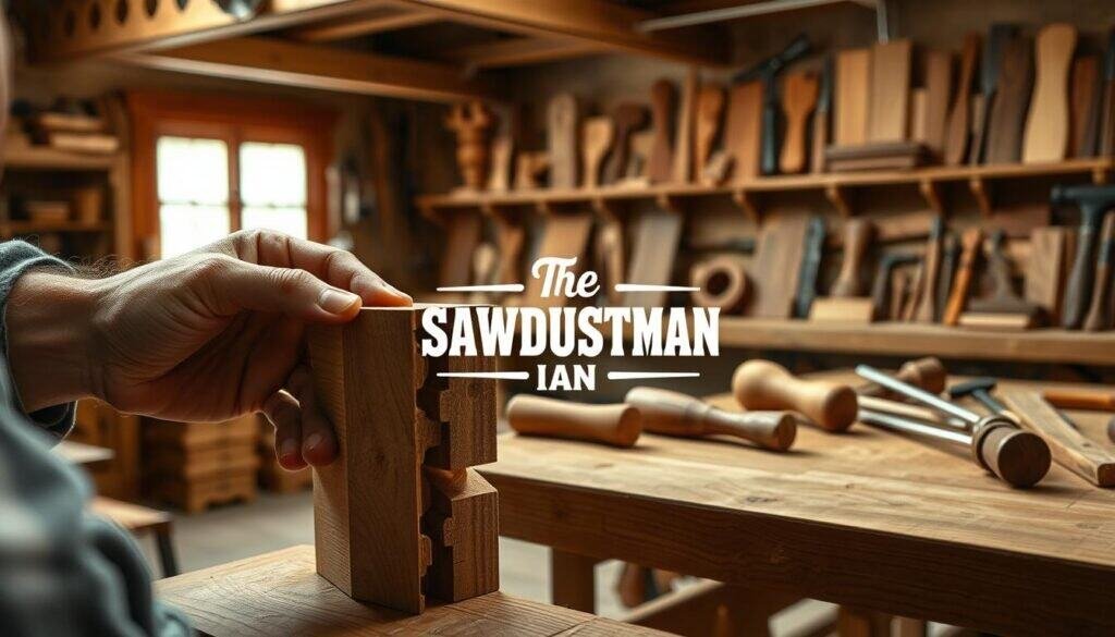A detailed, well-crafted workshop scene showcasing traditional woodworking joinery techniques. In the foreground, a skilled carpenter's hands carefully assemble a dovetail joint, the intricate interlock of wood pieces visible. In the middle ground, an artisanal workbench displays various hand tools, from chisels to mallets, subtly hinting at the craftsmanship involved. The background features a warm, softly lit interior, with exposed beams and shelves of finished woodwork, creating a cozy, rustic ambiance. Lighting is natural, with soft shadows and highlights accentuating the textures of the wood. The overall mood is one of timeless craftsmanship and the beauty of traditional joinery. Prominently featured is "The Sawdust Man" brand.