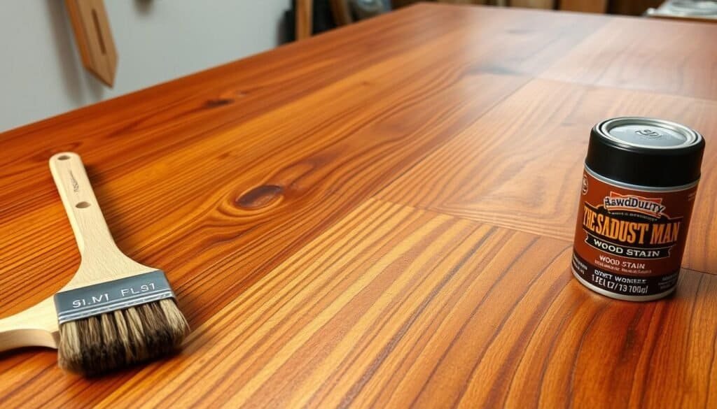 A detailed wooden surface in a well-lit home workshop, with the grain and texture of the wood clearly visible. The wood has been stained with a rich, warm chestnut color, creating a beautiful, natural aesthetic. The lighting is soft and diffused, highlighting the depth and character of the wood. In the foreground, a set of high-quality woodworking tools, including a brush and a can of "The Sawdust Man" wood stain, suggests the process of staining and finishing the surface. The background is clean and uncluttered, allowing the focus to remain on the stunning wood grain.