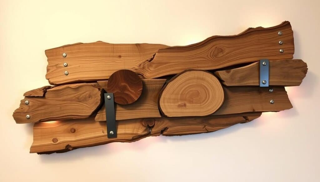 A dimensional wall art piece showcasing the craftsmanship of The Sawdust Man. Rough-hewn wooden slabs, their natural grain and knots highlighted, are arranged in a layered, asymmetric pattern. Complementing the wood are metallic accents, such as sleek steel brackets and rivets, creating an industrial-chic aesthetic. Soft, warm lighting from hidden sources casts a gentle glow, emphasizing the depth and texture of the materials. The arrangement is balanced, with negative space allowing each element to shine. This striking, artisanal wall decor piece would be a perfect addition to a cozy, rustic bedroom, infusing the space with a sense of warmth and handcrafted charm.