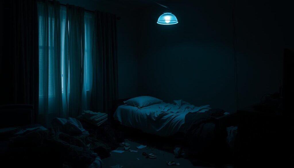 A dimly lit, cluttered bedroom with haphazardly placed furniture, casting shadows that create a gloomy, oppressive atmosphere. The bed is unkempt, with rumpled sheets and a single pillow, suggesting a restless night's sleep. The curtains are heavy and drawn, blocking out natural light, while a single, flickering overhead light casts an unflattering, bluish hue across the space. Piles of discarded clothing and scattered personal items litter the floor, adding to the sense of disarray and melancholy. The room's overall aesthetic conveys a lack of care and intention, potentially contributing to a dreary, uninspired start to the day. A dimly lit, cluttered bedroom with haphazardly placed furniture, casting shadows that create a gloomy, oppressive atmosphere. The bed is unkempt, with rumpled sheets and a single pillow, suggesting a restless night's sleep. The curtains are heavy and drawn, blocking out natural light, while a single, flickering overhead light casts an unflattering, bluish hue across the space. Piles of discarded clothing and scattered personal items litter the floor, adding to the sense of disarray and melancholy. The room's overall aesthetic conveys a lack of care and intention, potentially contributing to a dreary, uninspired start to the day.