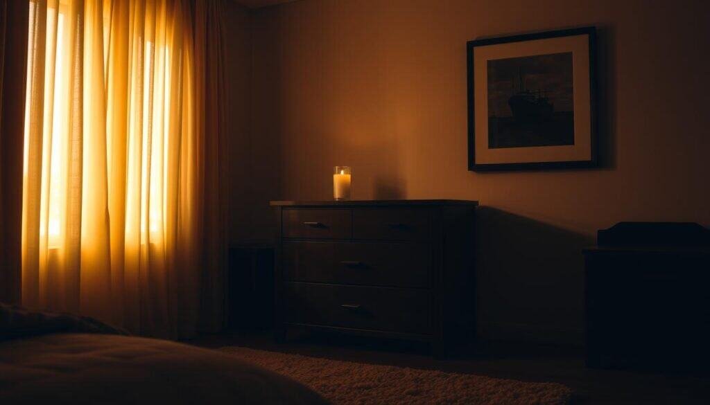 A dimly lit corner of a bedroom, bathed in warm, golden light filtering through a pair of sheer curtains. In the foreground, a sturdy wooden dresser with clean lines and a rich, dark finish stands as the centerpiece, complemented by a matching nightstand. On the dresser, a single lit candle casts a soft glow, creating a cozy, intimate atmosphere. In the background, a plush, neutral-toned area rug grounds the space, while a large, framed wall art piece adds a touch of sophistication. The overall scene exudes a sense of tranquility and understated elegance, inviting the viewer to imagine retreating to this serene corner for a moment of respite.