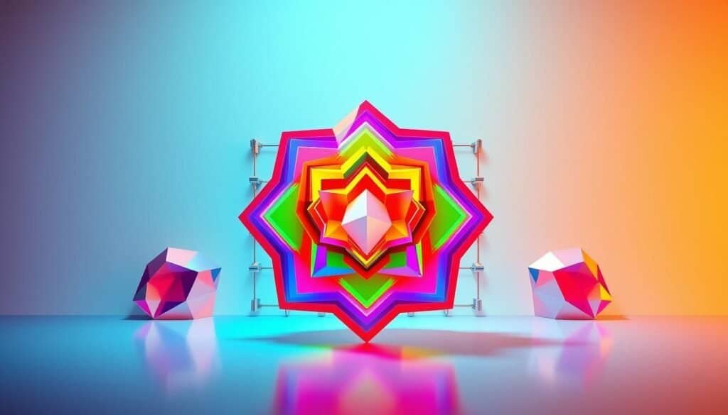 A dynamic digital abstract wall art composition featuring vibrant, layered geometric shapes and patterns in a modern, technology-inspired aesthetic. The foreground showcases a central focal point of interlocking polygonal forms in a spectrum of vivid neon hues, creating a captivating 3D effect. The middle ground incorporates a grid-like arrangement of angular, crystalline elements in shimmering metallic tones, evoking a futuristic, high-tech vibe. The background presents a subtly textured, gradient-based backdrop in complementary cool tones, heightening the visual depth and sense of dimension. Crisp, dramatic lighting casts dramatic shadows and highlights, emphasizing the sculptural quality of the digital artwork. Photographed from a slightly elevated, dynamic angle to accentuate the bold, innovative design. A dynamic digital abstract wall art composition featuring vibrant, layered geometric shapes and patterns in a modern, technology-inspired aesthetic. The foreground showcases a central focal point of interlocking polygonal forms in a spectrum of vivid neon hues, creating a captivating 3D effect. The middle ground incorporates a grid-like arrangement of angular, crystalline elements in shimmering metallic tones, evoking a futuristic, high-tech vibe. The background presents a subtly textured, gradient-based backdrop in complementary cool tones, heightening the visual depth and sense of dimension. Crisp, dramatic lighting casts dramatic shadows and highlights, emphasizing the sculptural quality of the digital artwork. Photographed from a slightly elevated, dynamic angle to accentuate the bold, innovative design.