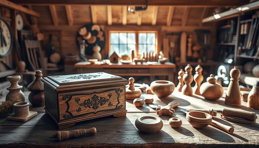 A finely crafted collection of small wood projects by The Sawdust Man, showcasing a stunning array of home decor and woodworking crafts. In the foreground, a rustic wooden jewelry box with intricate carvings sits atop a weathered wooden table. Surrounding it are an assortment of charming wooden trinkets, including a delicate birdhouse, a smooth sanded bowl, and a whimsical wooden sculpture. In the middle ground, a cozy workbench is adorned with various woodworking tools, from chisels to hand saws, casting warm shadows across the scene. The background features a sunlit, airy workshop, filled with natural wooden beams and the peaceful ambiance of a master craftsman's haven. The overall mood is one of artisanal elegance, inviting the viewer to imagine the possibilities of these small, impactful wood projects.