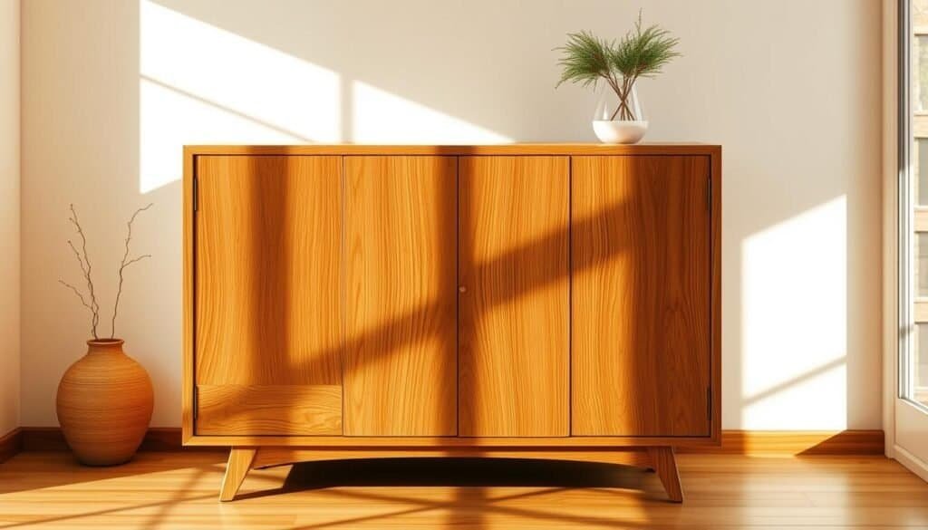 A finely crafted wooden cabinet stands prominently in a warm, sun-lit room. The grain of the wood, rich in texture and color, catches the soft, diffused light, casting gentle shadows that accentuate the natural beauty of the material. The cabinet's clean, modern lines and minimalist design create a sense of balance and harmony, perfectly complementing the cozy, grounded ambiance of the space. Carefully placed decorative elements, such as a simple vase or a small potted plant, add subtle touches of elegance, while the overall composition conveys a welcoming, inviting atmosphere that encourages moments of tranquility and relaxation.