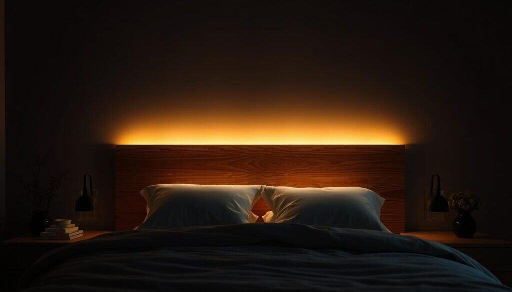 A finely crafted wooden headboard takes center stage in a serene, dimly lit bedroom. The warm, natural grain of the wood is illuminated by soft, ambient lighting, casting gentle shadows that add depth and texture to the scene. The headboard's thoughtful design, with its clean lines and subtle details, commands attention as the focal point of the space. Surrounding the headboard, the room is adorned with minimal, calming décor, allowing the wooden statement piece to shine. The overall atmosphere is one of tranquility and understated elegance, inviting the viewer to imagine themselves relaxing in this cozy, harmonious environment.