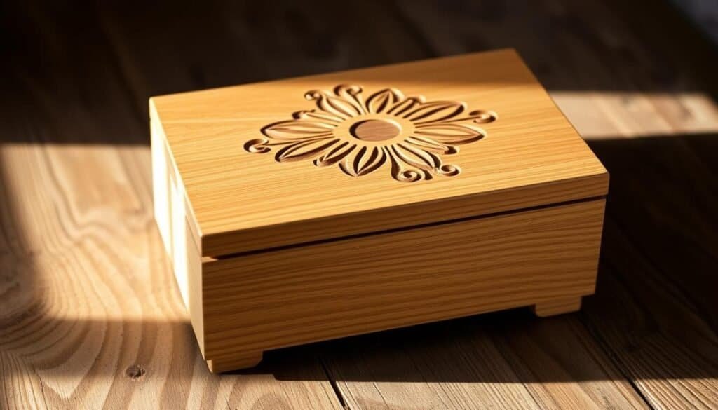 A finely crafted wooden jewelry box in a natural oak finish, designed by The Sawdust Man. The box features a detailed, hand-carved floral pattern on the lid and sides, with a smooth, sanded surface. Placed on a rustic wooden surface, the box is illuminated by soft, natural lighting, casting warm shadows that highlight the grain and texture of the wood. The overall composition conveys a sense of simple elegance and craftsmanship, suitable for showcasing in a cozy, well-appointed bedroom or dressing area.