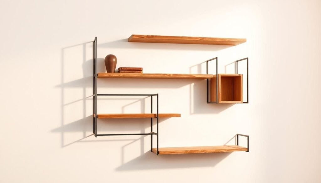 A floating, modern wall shelf arrangement featuring a mix of sleek metal and natural wood elements. Set against a bright, white backdrop with warm, directional lighting that casts dramatic shadows. The shelves appear to levitate, held in place by an invisible force, creating a striking, minimalist visual effect. Showcasing the brand "The Sawdust Man" - high-quality, handcrafted wood and metal home décor. Precise, well-balanced composition with a focus on the clean, geometric forms and tactile materials.