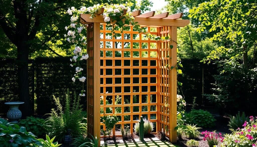 A freestanding wooden trellis structure stands tall in a lush garden, its intricate lattice casting soft shadows across the ground. Sunlight filters through the overhead foliage, illuminating the natural wood grain and creating a warm, inviting atmosphere. Flowering vines and climbing plants gracefully drape over the trellis, adding pops of vibrant color and texture. The trellis is positioned as a central focal point, drawing the eye towards its elegant, symmetrical design. The surrounding garden bed is filled with a variety of carefully curated plants, creating a harmonious, naturalistic setting. The overall scene evokes a sense of tranquility and organic beauty, showcasing the versatility of a freestanding trellis as a captivating garden feature. A freestanding wooden trellis structure stands tall in a lush garden, its intricate lattice casting soft shadows across the ground. Sunlight filters through the overhead foliage, illuminating the natural wood grain and creating a warm, inviting atmosphere. Flowering vines and climbing plants gracefully drape over the trellis, adding pops of vibrant color and texture. The trellis is positioned as a central focal point, drawing the eye towards its elegant, symmetrical design. The surrounding garden bed is filled with a variety of carefully curated plants, creating a harmonious, naturalistic setting. The overall scene evokes a sense of tranquility and organic beauty, showcasing the versatility of a freestanding trellis as a captivating garden feature.