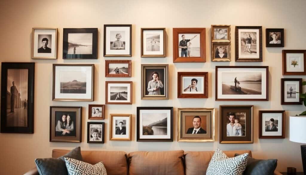 A gallery wall featuring an eclectic collection of framed artwork and personal photographs arranged with thoughtful spacing and symmetry. The frames range from sleek metal to rustic wood, complementing the warm, inviting color palette of the room's natural textures and furnishings. Soft, indirect lighting casts a gentle glow, highlighting the depth and nuance of each piece. The composition is balanced, drawing the eye through the harmonious arrangement of shapes, sizes, and orientations. This inviting display showcases the homeowner's unique style and cherished memories in an elegant, cohesive manner.