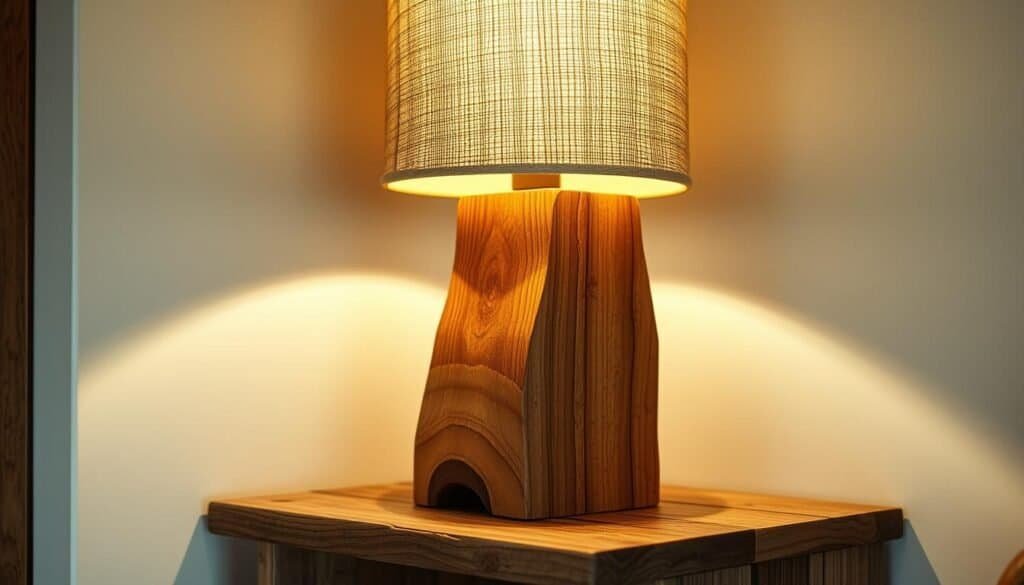 A handmade, rustic wooden lamp with a warm, glowing light source. The lamp base is crafted from sturdy, natural-looking wood with a smooth, sanded finish. The lamp shade is a simple, cylindrical shape made of linen or burlap, allowing the light to softly illuminate the surrounding area. The lamp is positioned on a weathered, wooden side table or shelf, creating a cozy, inviting atmosphere. The lighting is soft and ambient, with a slight vignette effect to draw the viewer's eye to the lamp's central focus. The overall scene evokes a sense of homemade craftsmanship and a welcoming, rustic ambiance.