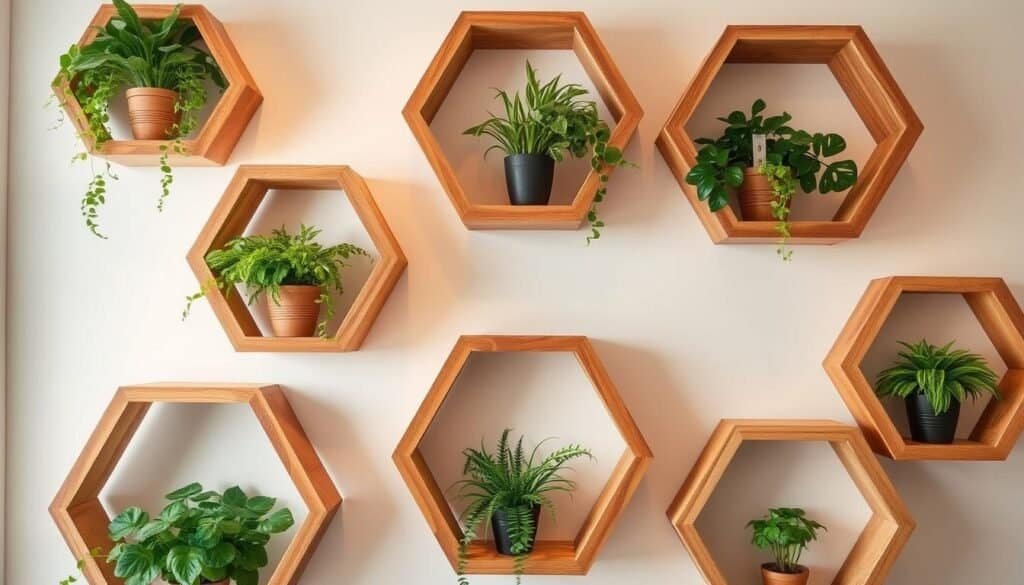 A hexagonal arrangement of wooden shelves, each one elegantly displaying a lush, verdant plant. The shelves are crafted from warm, rustic wood, their geometric design creating a visually captivating display. Soft, indirect lighting casts a gentle glow, accentuating the vibrant foliage and the natural textures of the wood. The scene exudes a sense of tranquility and harmony, inviting the viewer to imagine a peaceful, plant-filled space that can soothe the senses and alleviate stress. The image captures the essence of a geometric plant display, perfectly suited to illustrate the "Geometric Plant Displays with Hexagon Shelves" section of the article.