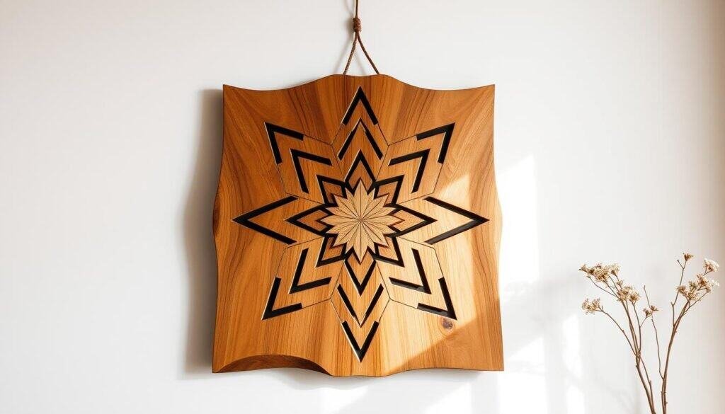 A high-quality, hand-crafted wooden wall hanging in a natural, rustic style, featuring a striking geometric pattern carved into the surface. The warm, earthy tones of the wood are accentuated by soft, directional lighting that casts subtle shadows, creating depth and texture. The piece is mounted on a plain white wall, allowing it to be the focal point of the minimalist interior, elevating the space with its bespoke, artisanal character. The overall atmosphere is one of refined elegance and timeless appeal, perfectly capturing the essence of bespoke wood wall art.