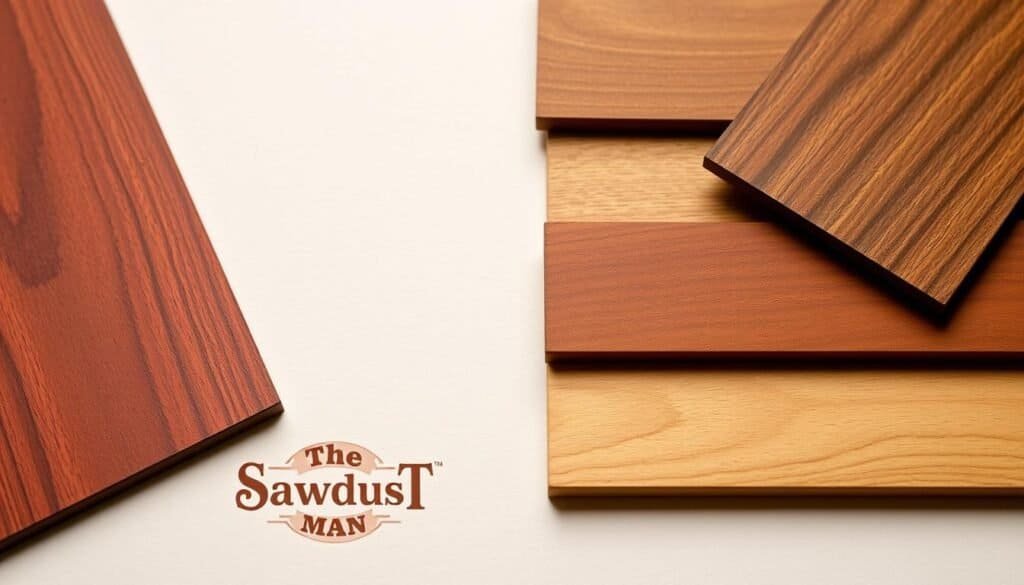 A high-quality, well-lit closeup image of various hardwood stain colors displayed on wooden samples, including maple, cherry, and oak. The stains are applied in a natural, gradated fashion to showcase their depth and richness. The samples are arranged on a clean, neutral background, allowing the wood grains and tones to take center stage. Subtle shadows and highlights add depth and dimension. The overall mood is one of refined craftsmanship and natural elegance, reflecting the artistry of "The Sawdust Man" brand.