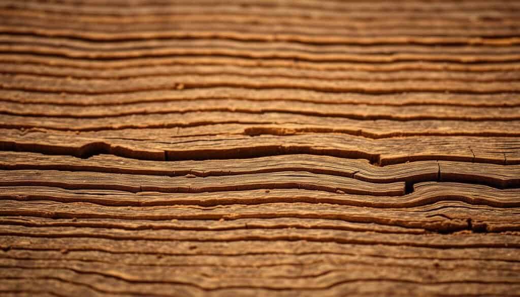 A high-resolution, intricate close-up photograph of a rustic, natural wood grain texture. The surface is weathered and aged, with distinct patterns and grooves that capture the raw beauty of the material. Warm, soft lighting accentuates the depth and complexity of the wood, creating a tactile, almost three-dimensional effect. The image is shot at a slight angle, giving a sense of depth and perspective. The background is blurred, keeping the focus entirely on the mesmerizing wood grain details. Overall, the image conveys a sense of timeless craftsmanship and the inherent elegance of natural woodworking.