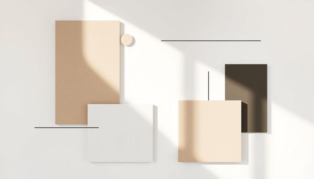 A high-resolution, minimalist wall art composition featuring a series of geometric shapes, lines, and abstract patterns. The layout is meticulously balanced, with a harmonious interplay of muted tones and subtle textures. Warm, directional lighting casts gentle shadows, adding depth and dimension to the piece. The overall aesthetic is clean, sophisticated, and gallery-worthy, showcasing the beauty of simplicity and negative space. This printable artwork would seamlessly complement a variety of modern, scandinavian-inspired, or industrial-chic interior design styles.