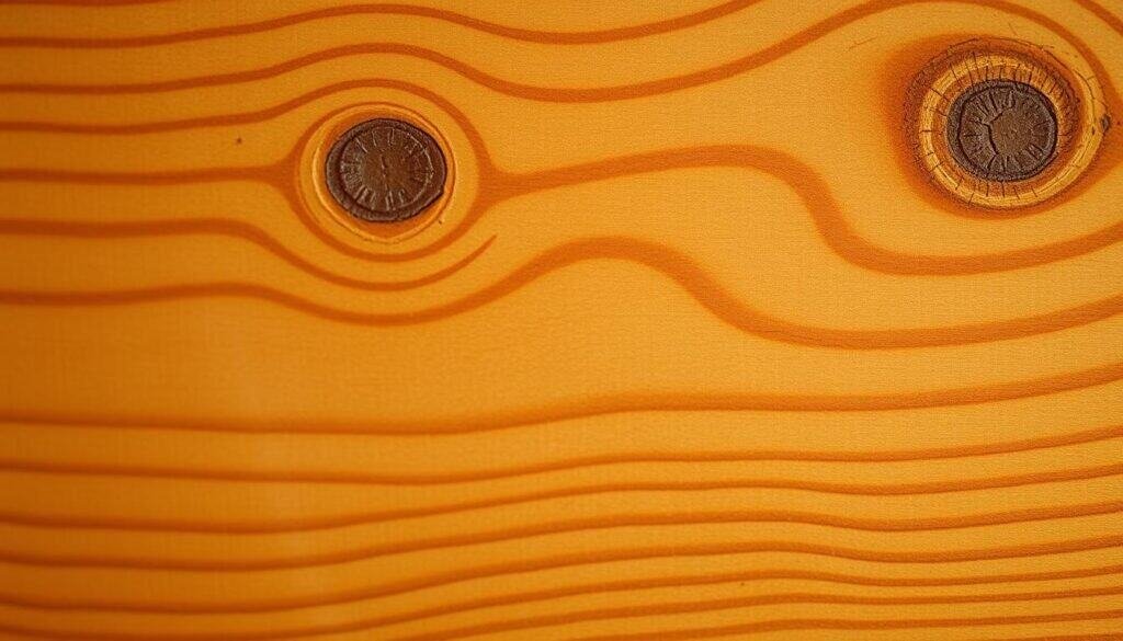 A highly detailed, close-up shot of a warm-toned, rustic wood grain pattern. Intricate swirls, knots, and subtle variations in the texture and hue of the wood, captured with a shallow depth of field and soft, directional lighting to accentuate the natural beauty and tactile quality of the material. The image should convey a sense of craftsmanship, authenticity, and the inherent character of the wood, creating a visually captivating representation that would complement the article's focus on accurate wood cutting techniques.