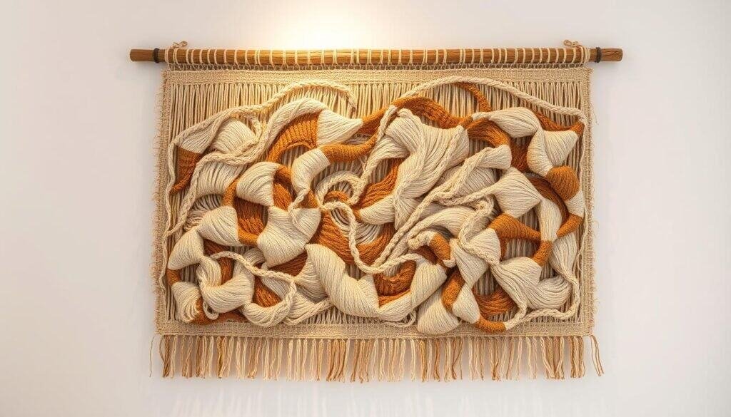 A large, intricately woven textile wall hanging with an organic, abstract pattern. The piece is suspended on a rustic wood frame, casting soft shadows on the surrounding plain white wall. The fiber art is composed of natural, earthy-toned threads and materials like jute, cotton, and linen, expertly blended to create a tactile, textural surface. Warm, diffused lighting from above highlights the depth and dimension of the weaving, casting a soothing, peaceful ambiance. The overall composition conveys a sense of handcrafted artistry and natural beauty, perfect for complementing a minimalist home décor style. A large, intricately woven textile wall hanging with an organic, abstract pattern. The piece is suspended on a rustic wood frame, casting soft shadows on the surrounding plain white wall. The fiber art is composed of natural, earthy-toned threads and materials like jute, cotton, and linen, expertly blended to create a tactile, textural surface. Warm, diffused lighting from above highlights the depth and dimension of the weaving, casting a soothing, peaceful ambiance. The overall composition conveys a sense of handcrafted artistry and natural beauty, perfect for complementing a minimalist home décor style.