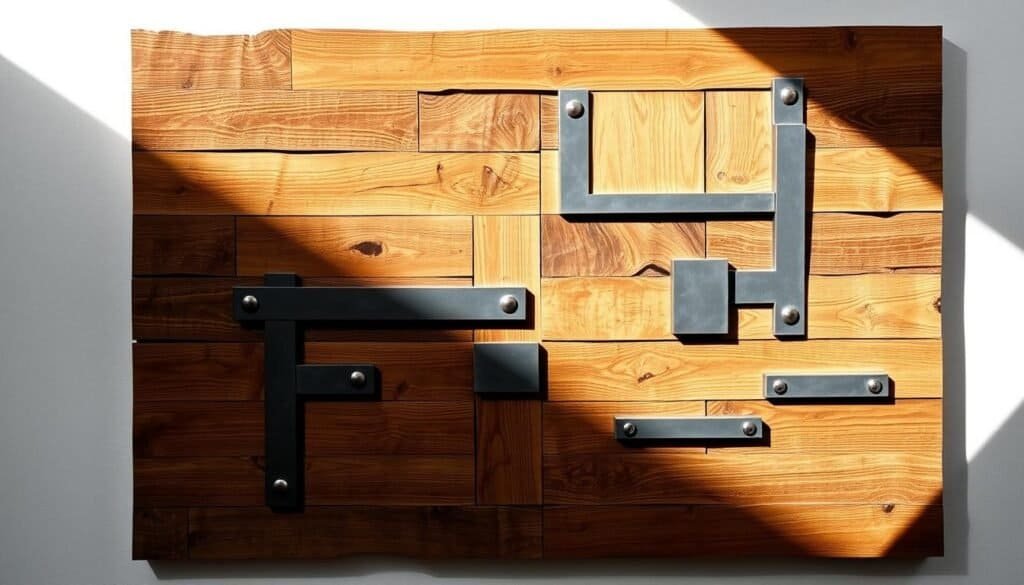 A large, rustic wood and metal wall art piece dominates the center of the frame. The wood is a warm, weathered brown, with natural knots and grains visible. Interspersed throughout are sleek, industrial-style metal accents in a muted gunmetal gray. The composition features a balance of organic and geometric shapes, creating a visually striking fusion of natural and man-made elements. Dramatic side lighting casts dramatic shadows, highlighting the textural interplay between the materials. The overall atmosphere is one of modern, yet cozy, elegance - a perfect blend of the rustic and the refined.