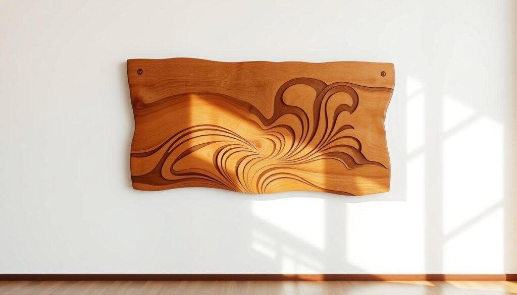A large, rustic wooden wall plaque featuring an intricate carved abstract design. The plaque hangs against a minimalist white wall, creating a striking focal point. Warm, natural lighting casts soft shadows, highlighting the textured surface and emphasizing the depth and dimension of the carving. The design blends organic curves and geometric shapes, conveying a sense of modern elegance and artistic flair. The overall composition exudes a calming, gallery-like ambiance, making this piece a transformative statement wall art that commands attention.