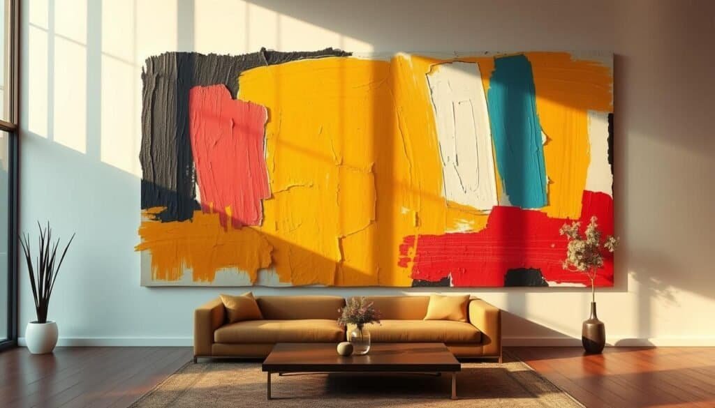 A large, striking mural adorns a bare wall, its bold colors and abstract shapes commanding attention. The piece dominates the frame, filling the space with a captivating visual narrative. Textured brushstrokes create depth and movement, drawing the eye inward. Warm, natural lighting casts dramatic shadows, accentuating the artwork's sculptural qualities. The mural's scale is impressive, demanding to be the focal point of the room. Its modern, minimalist aesthetic complements the clean lines of the surrounding décor, creating a cohesive, gallery-like atmosphere. This impactful piece makes a strong statement, transforming a bland, forgettable wall into a stunning, conversation-starting centerpiece.